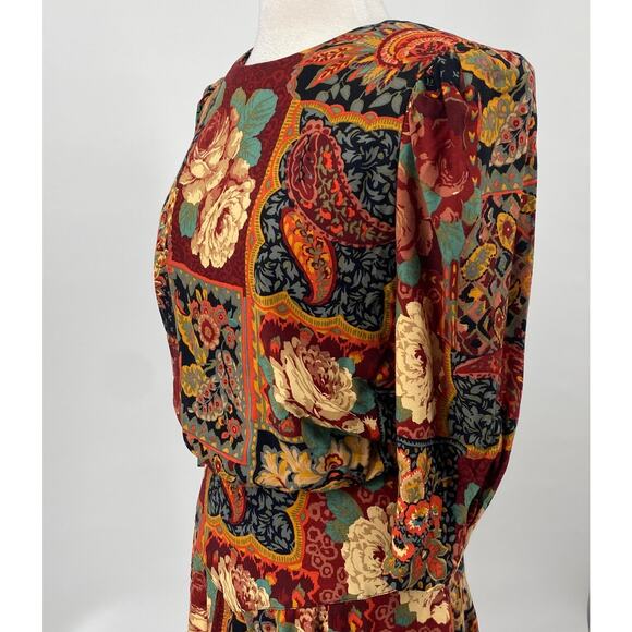 Vintage 80s Floral Paisley Patchwork Print Midi Dress Cinched Waist Blouson 8 - Picture 5 of 9